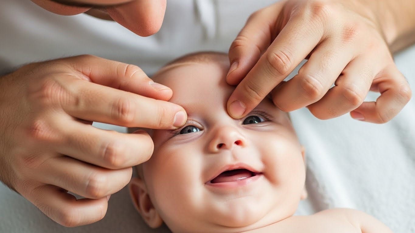 manipulation du contour de l'oeil d'un nourrisson pour déboucher son canal lacrmal